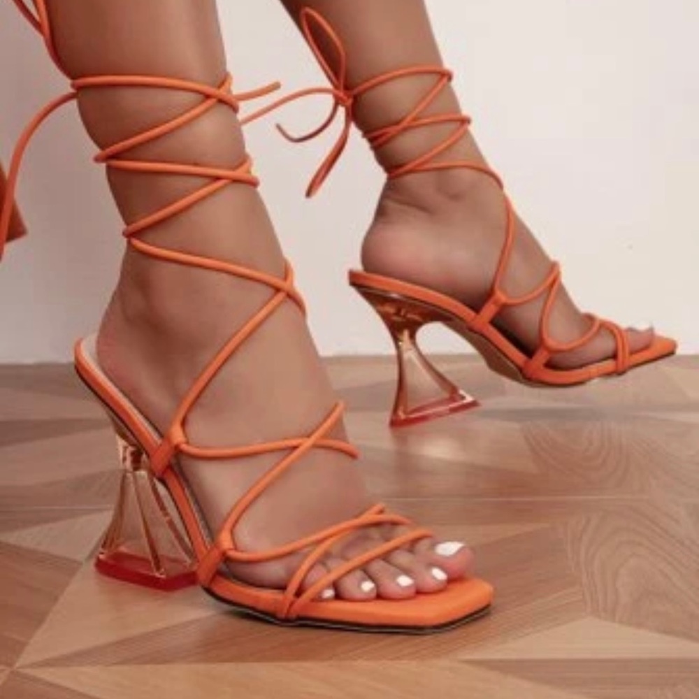 Tie Leg Design Clear Sculptural Heeled Sandals